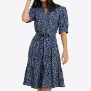 Draper James Navy Blue Yellow Floral Ruffle Hem Short Sleeve Dress Size M